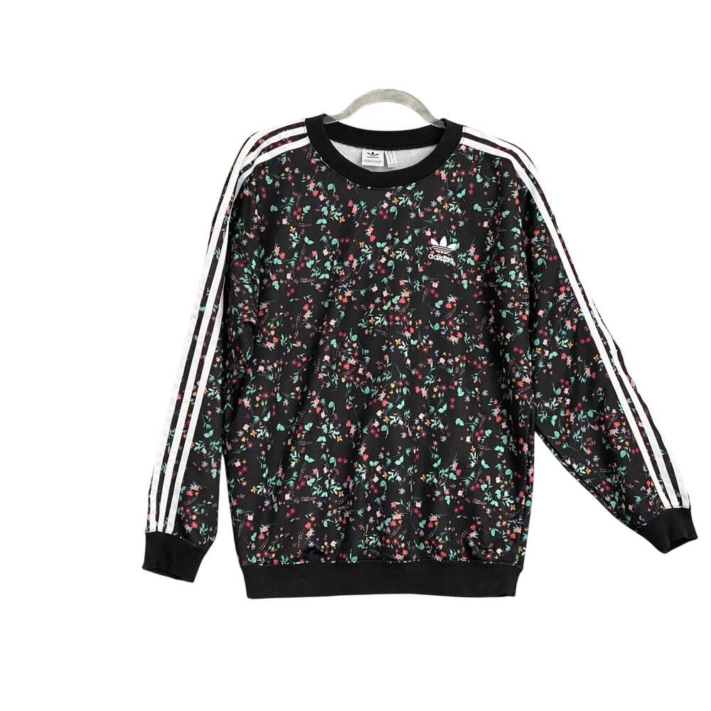 Adidas Womens Small Pullover Activewear Sweatshirt Floral Print Black Crew Neck